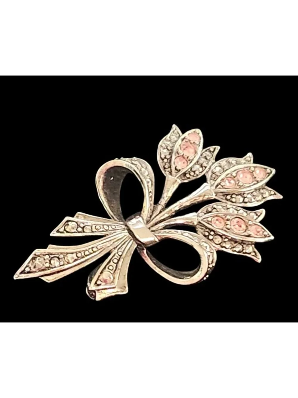 Vintage Silver Tone Floral Brooch Pink Rhinestones Bow Accent Elegant Design